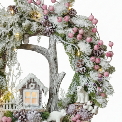Handcrafted Enchanted Winter Forest Wreath – Led Lights, Polar Bears & Snowy Cabin Decor