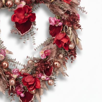 Handcrafted Romantic Iced Heart Wreath – Velvet Crimson Hearts & Rose Gold Baubles