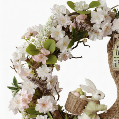 Handcrafted Easter Bunny & Blossom Wreath – Spring Miniature Village & Bunny Figurine