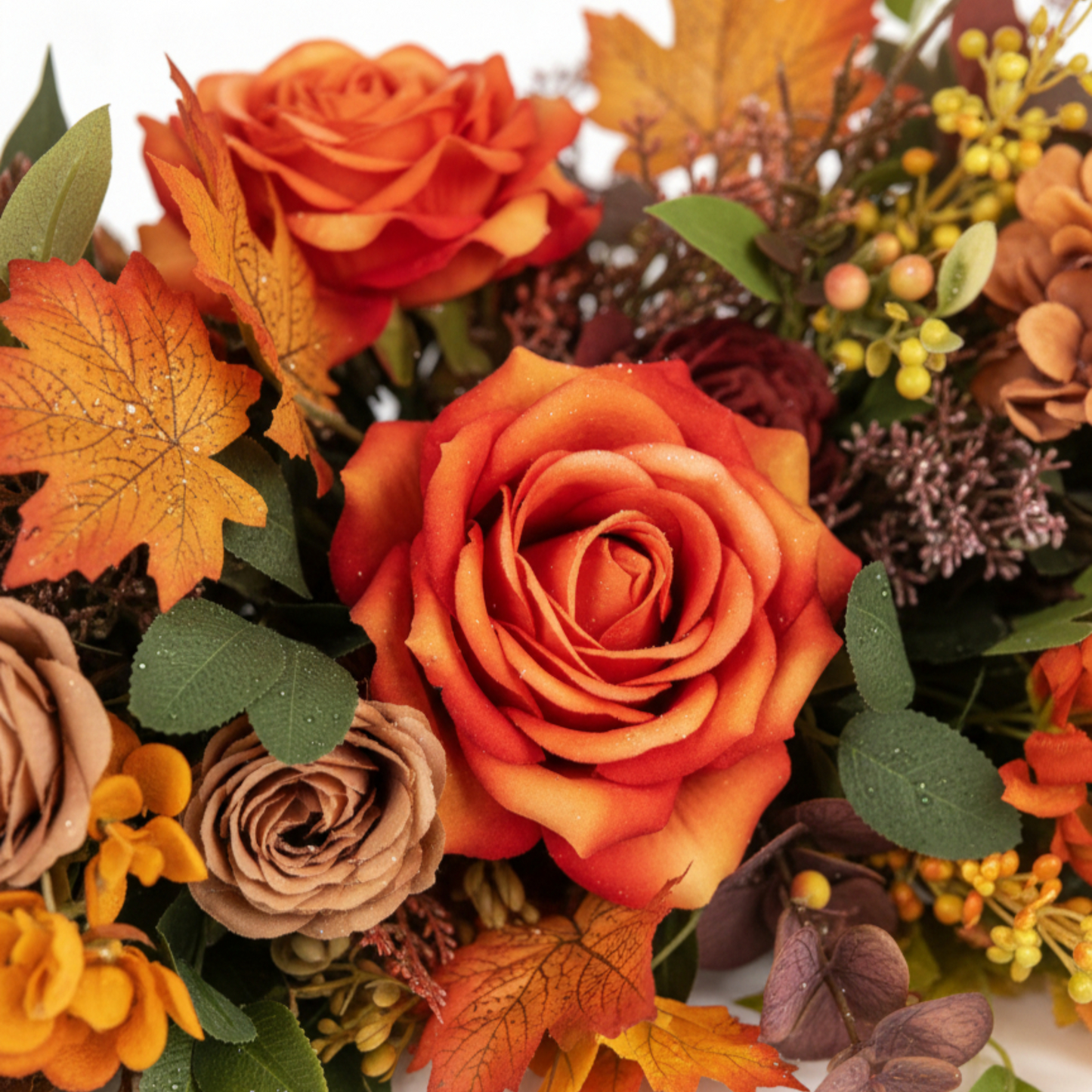 Autumnal Harmony Floral Centerpiece with Terracotta Roses and Maple Foliage