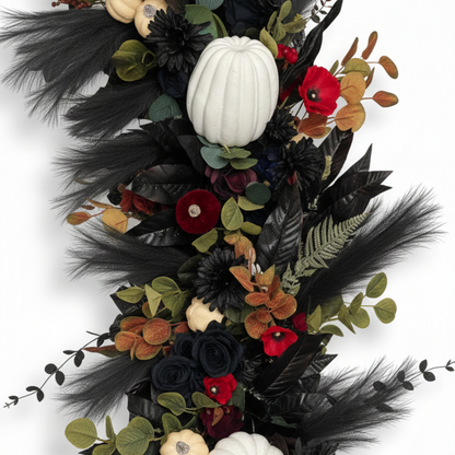 Midnight Harvest Floral Garland Luxury Gothic Autumnal Runner with White Pumpkins