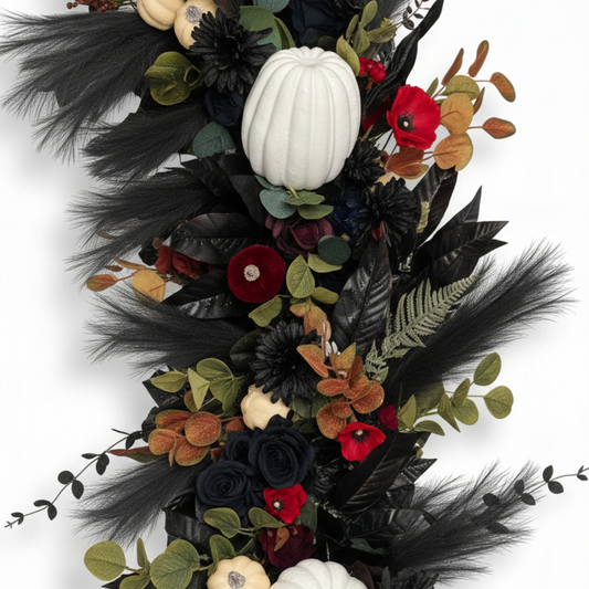 Midnight Harvest Floral Garland Luxury Gothic Autumnal Runner with White Pumpkins