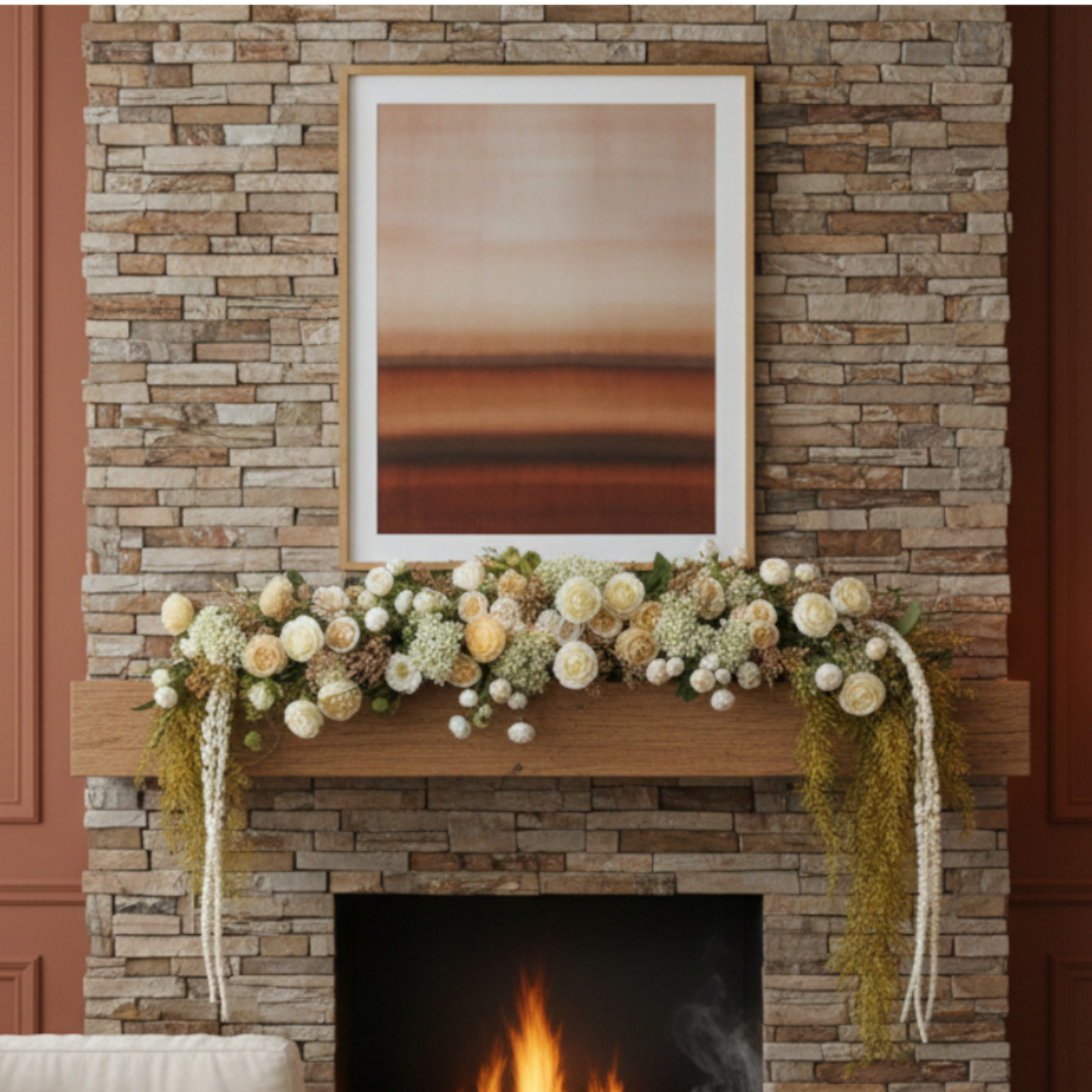 Champagne Cascade Floral Lintel Luxury Cream Ranunculus Garland with Golden Ferns
