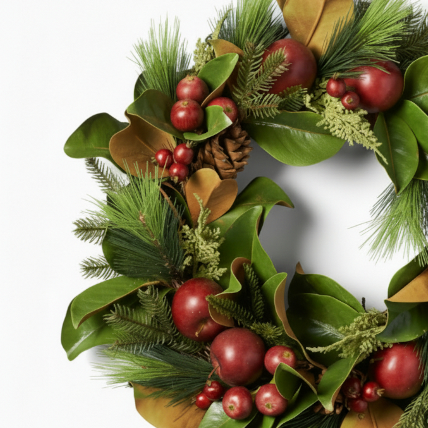 Handcrafted Magnolia & Apple Winter Wreath – Evergreen Pine & Cone Decor