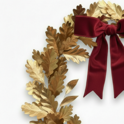Gilded Oak Leaf Wreath with Velvet Crimson Bow – Golden Autumn & Holiday Decor