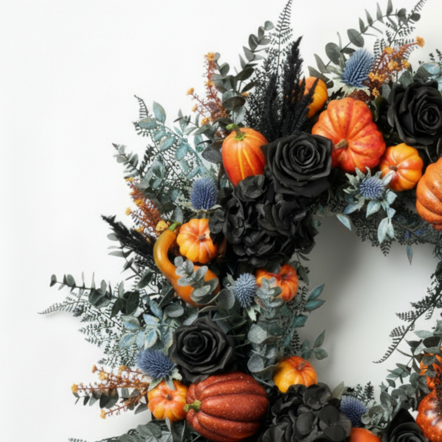 Midnight Harvest Halloween Wreath – Black Roses, Pumpkins & Thistle Decor