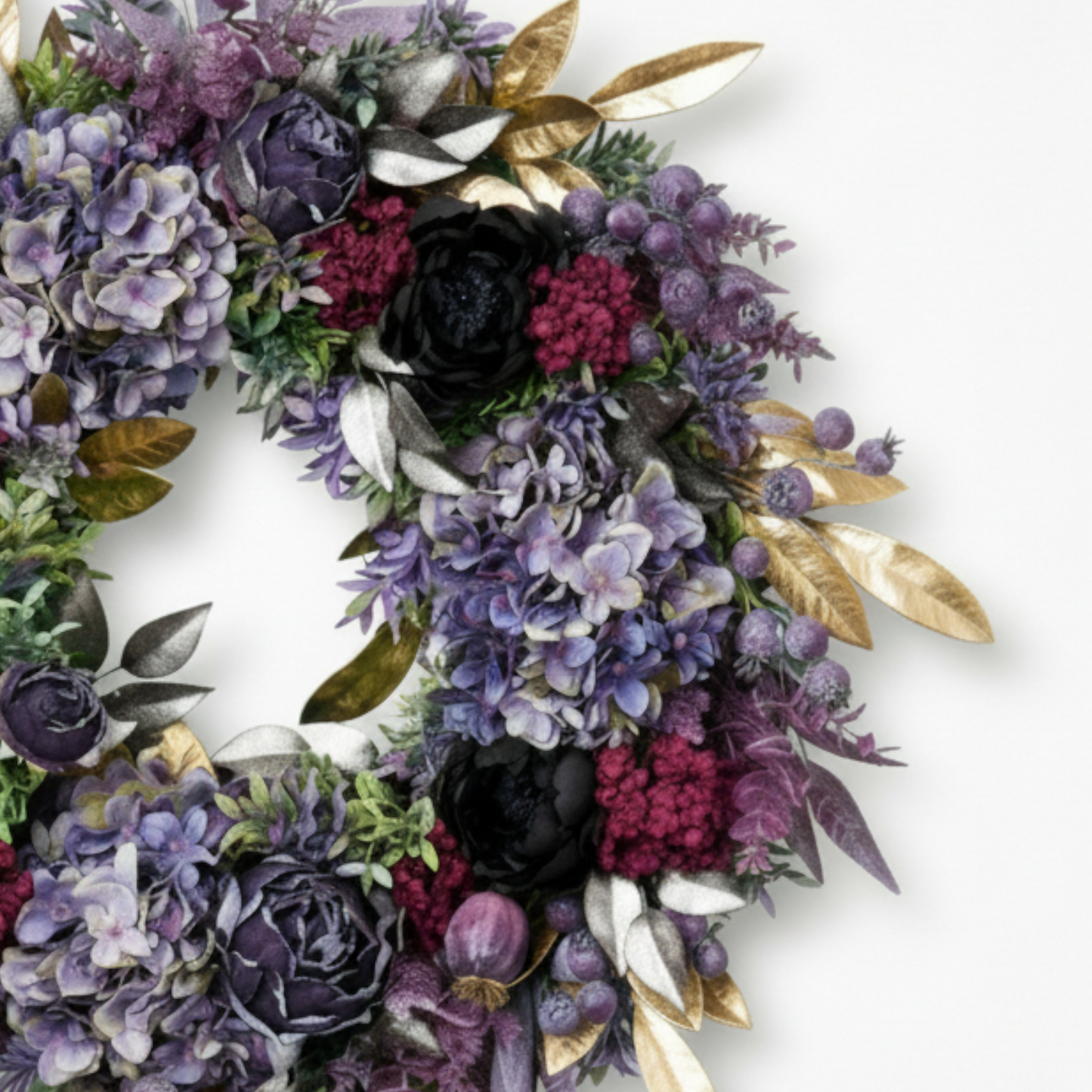 Royal Amethyst & Gilded Leaf Wreath – Luxury Peony and Hydrangea Decor