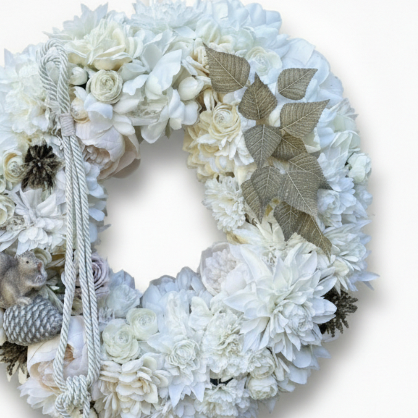 Winter Wonderland Floral Wreath – White Peony, Pine Cone & Squirrel Decor