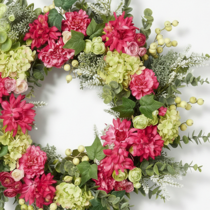 Handcrafted Pink Dahlia & Eucalyptus Home Wreath – Vibrant Interior Wall Decor