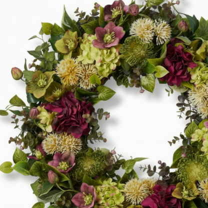 Handcrafted Classic Home Wreath – Burgundy Hellebore & Sage Hydrangea Decor
