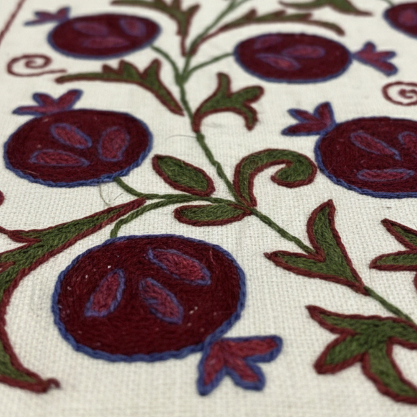 Artisanal Pomegranate Silk Embroidered Table Runner on Premium Cream Linen