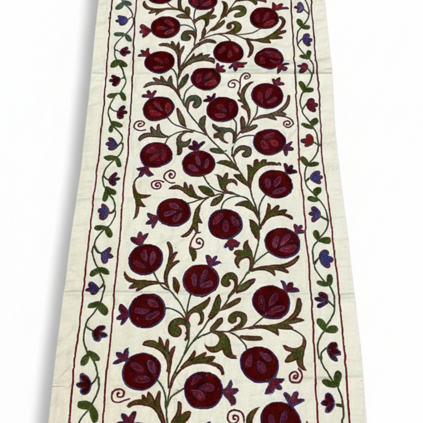 Artisanal Pomegranate Silk Embroidered Table Runner on Premium Cream Linen