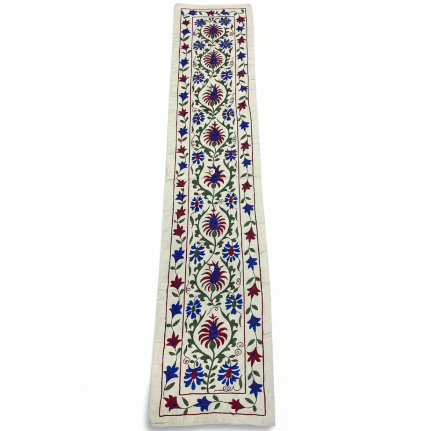 Botanical Silk Embroidered Table Runner with Azure Paisley Motifs