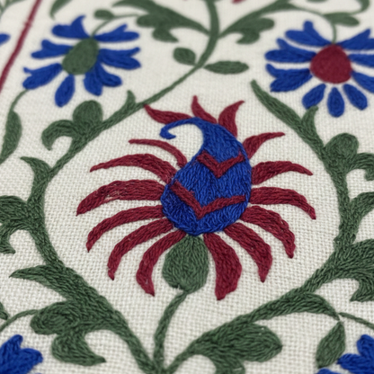 Botanical Silk Embroidered Table Runner with Azure Paisley Motifs