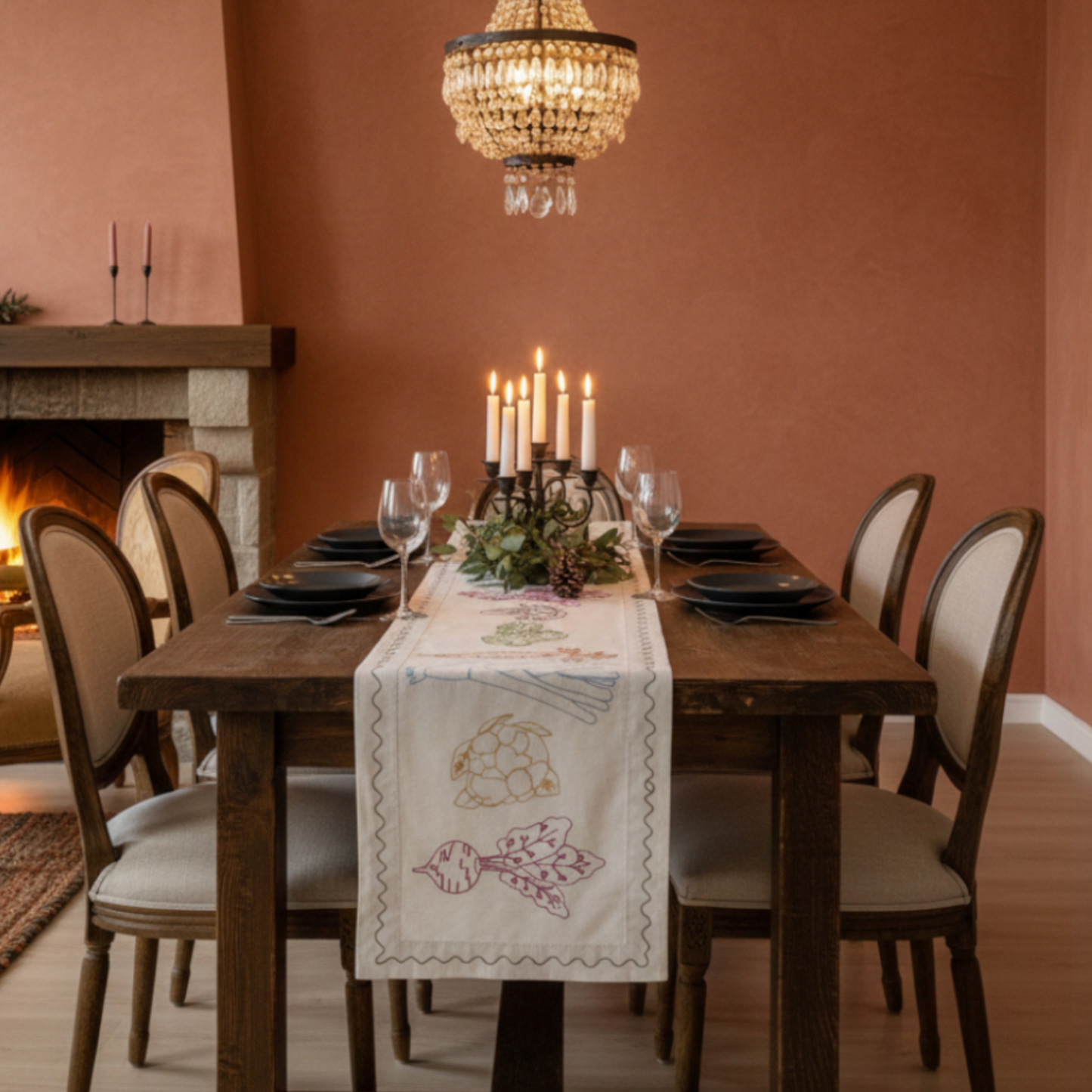 Harvest Festival Table Runner with Artisanal Hand-Guided Vegetable Embroidery