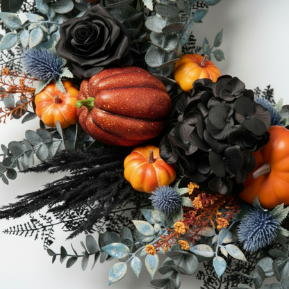 Midnight Harvest Halloween Wreath – Black Roses, Pumpkins & Thistle Decor
