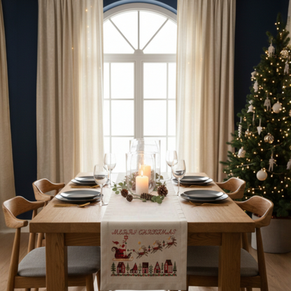 Embroidered Merry Christmas Table Runner with Santa's Sleigh and Reindeer Motif