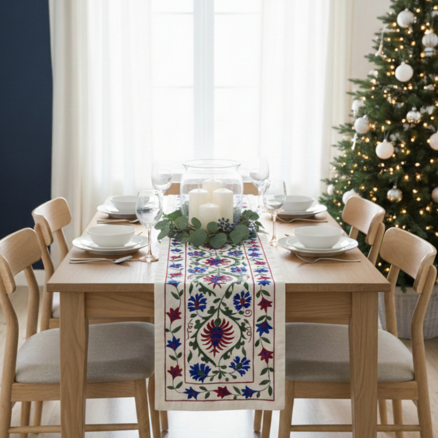 Botanical Silk Embroidered Table Runner with Azure Paisley Motifs