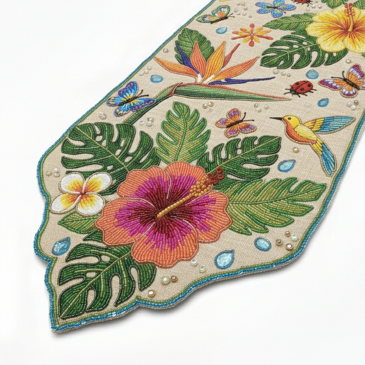 Tropical Sanctuary Hand-Beaded Table Runner with Hibiscus and Hummingbird Motifs