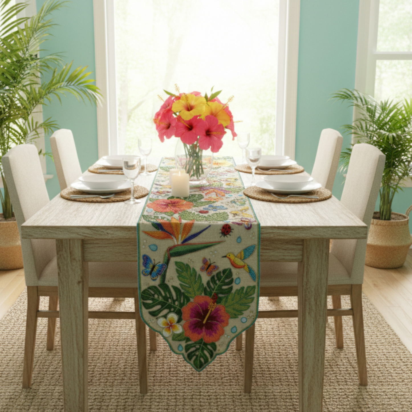 Tropical Sanctuary Hand-Beaded Table Runner with Hibiscus and Hummingbird Motifs