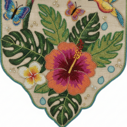 Tropical Sanctuary Hand-Beaded Table Runner with Hibiscus and Hummingbird Motifs