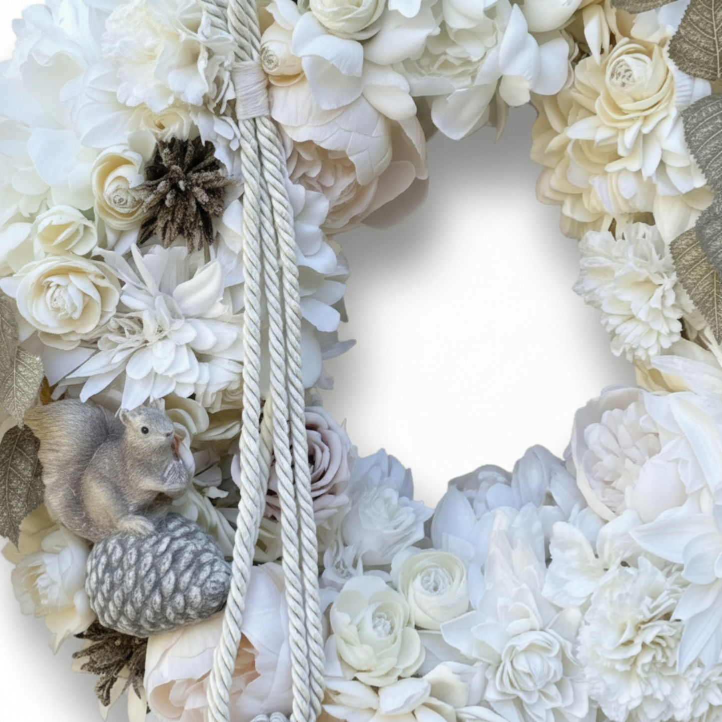 Winter Wonderland Floral Wreath – White Peony, Pine Cone & Squirrel Decor