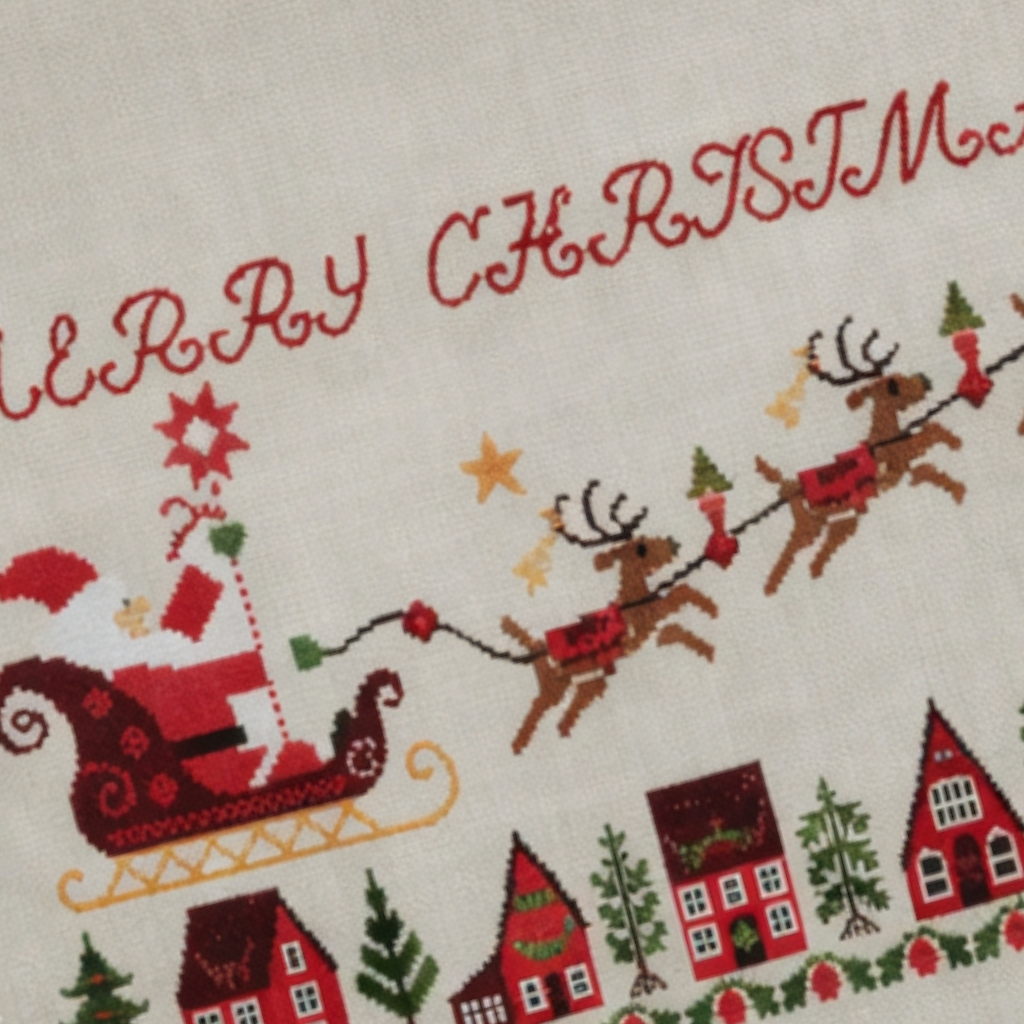 Embroidered Merry Christmas Table Runner with Santa's Sleigh and Reindeer Motif