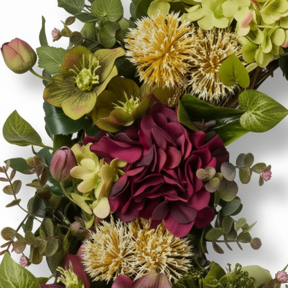 Handcrafted Classic Home Wreath – Burgundy Hellebore & Sage Hydrangea Decor