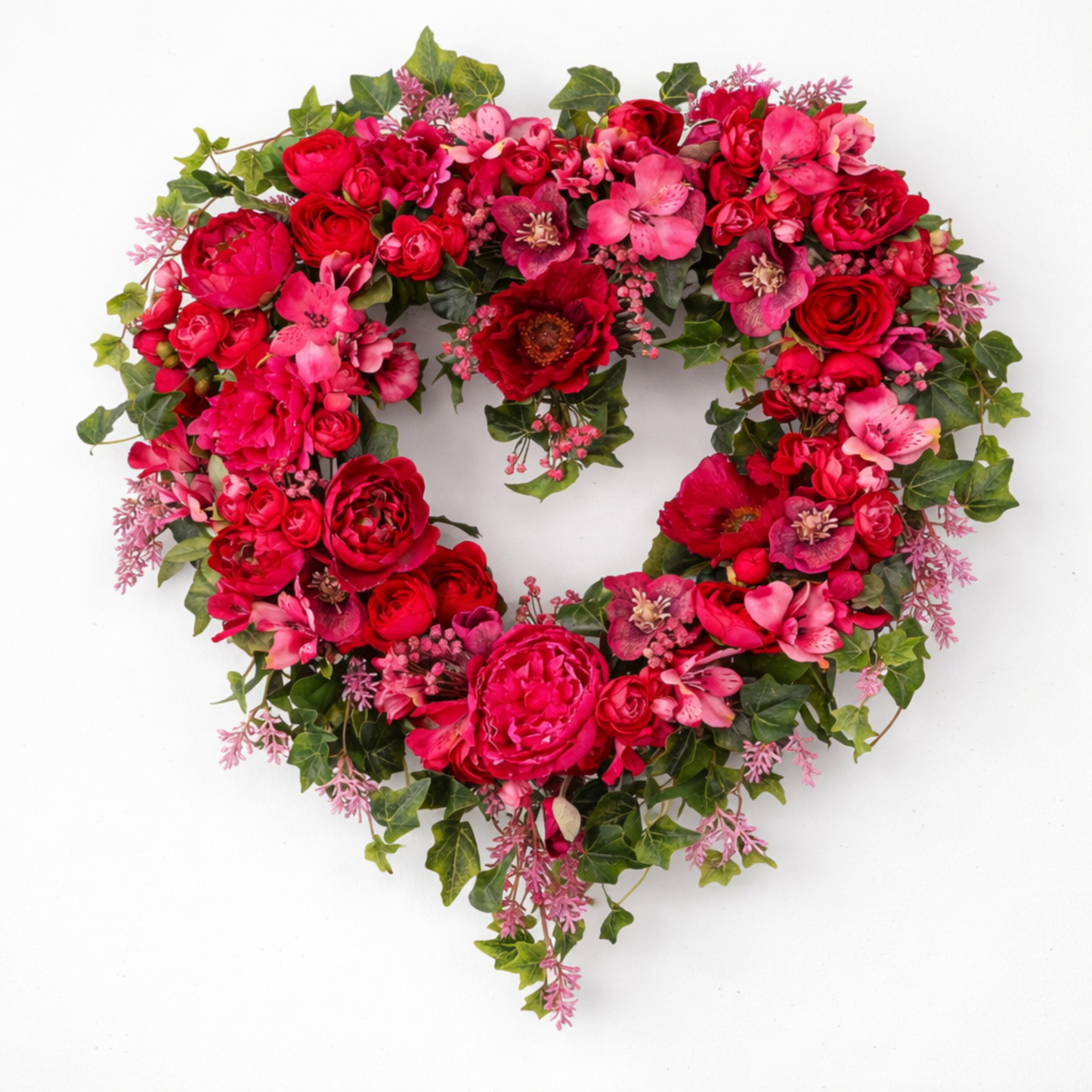 Handcrafted Grand Heart Meadow Wreath – Crimson Peonies, Spring Roses & Verdant Ivy