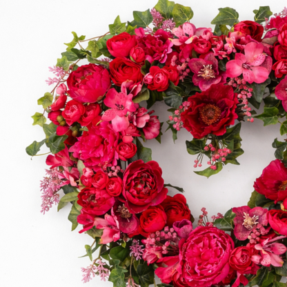 Handcrafted Grand Heart Meadow Wreath – Crimson Peonies, Spring Roses & Verdant Ivy